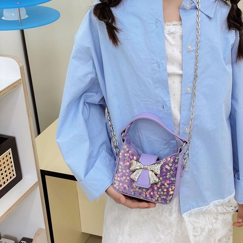 Kids Girl Butterfly Bow Sequin Mini Shoulder Bag With Breathable Pu Material For Daily Use