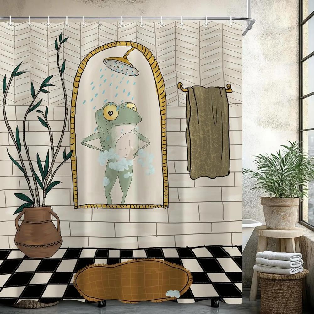 Funny Retro Frog Printed Shower Curtain Cute Vintage Animal Plant For Bathroom Decor