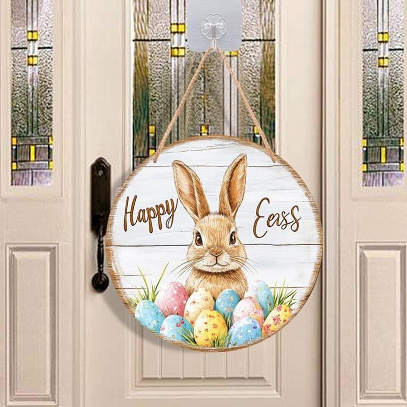 Hanging Bunny Easter Decor Sign Cartoon Easter Colorful Eggs Bunny Welcome Sign Spring Easter Party Indoor Outdoor Home Decor