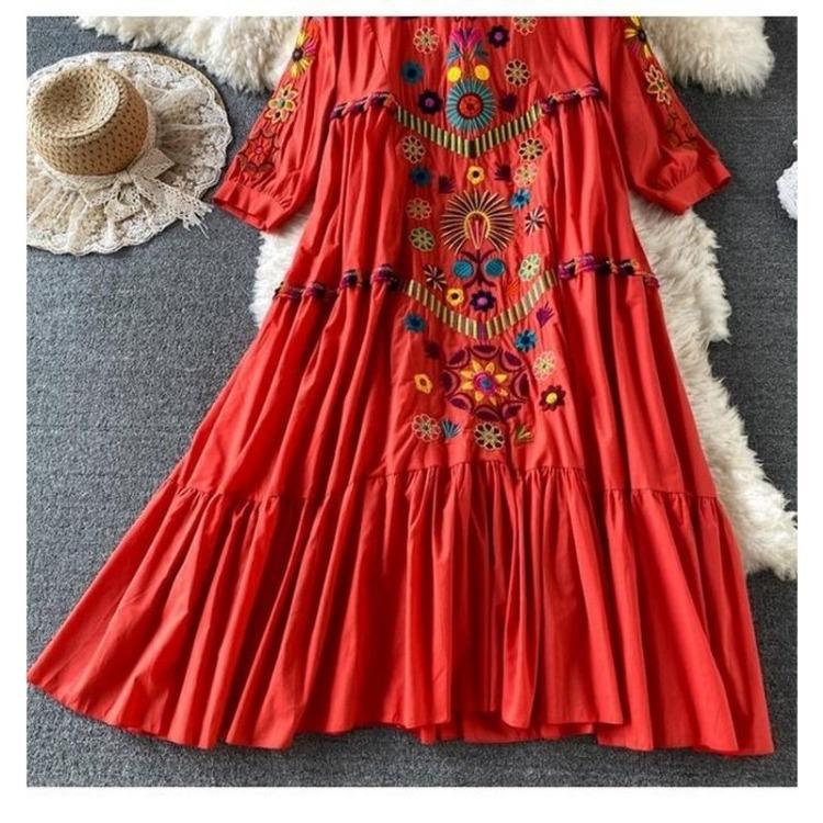 Casual Dresses - Vintage Printed Loose Dress for Woman V Neck Oversized Long Sleeve Casual Lace Dresses Long