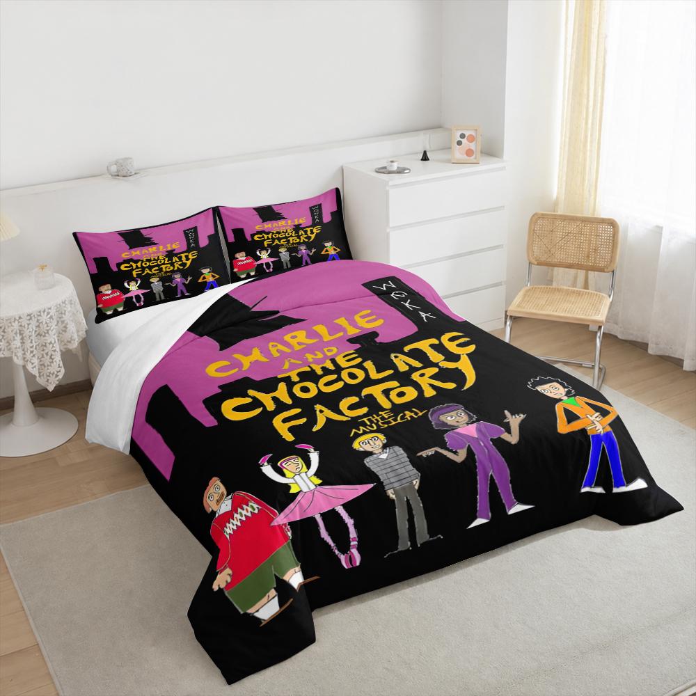 3 Piece Bedding Set Charlie Chocolate Factory Musical Wonka Pink Black Print Duvet Cover for Adult Fan Gift