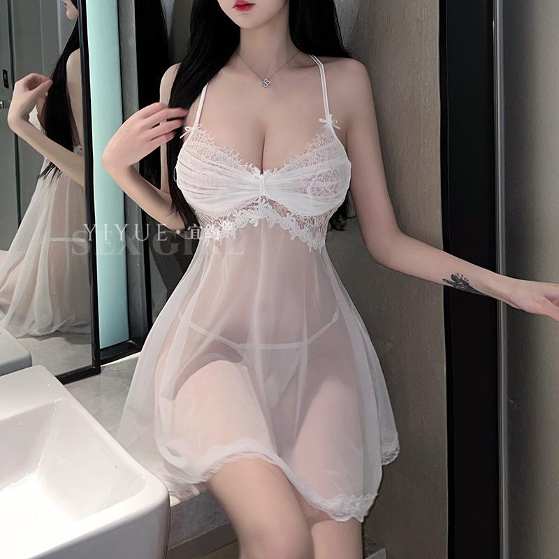 Erotic Underwear, sexy halter lace seductive nightdress, Hot Cut-out deep V-shaped sheer mesh uniform 8473