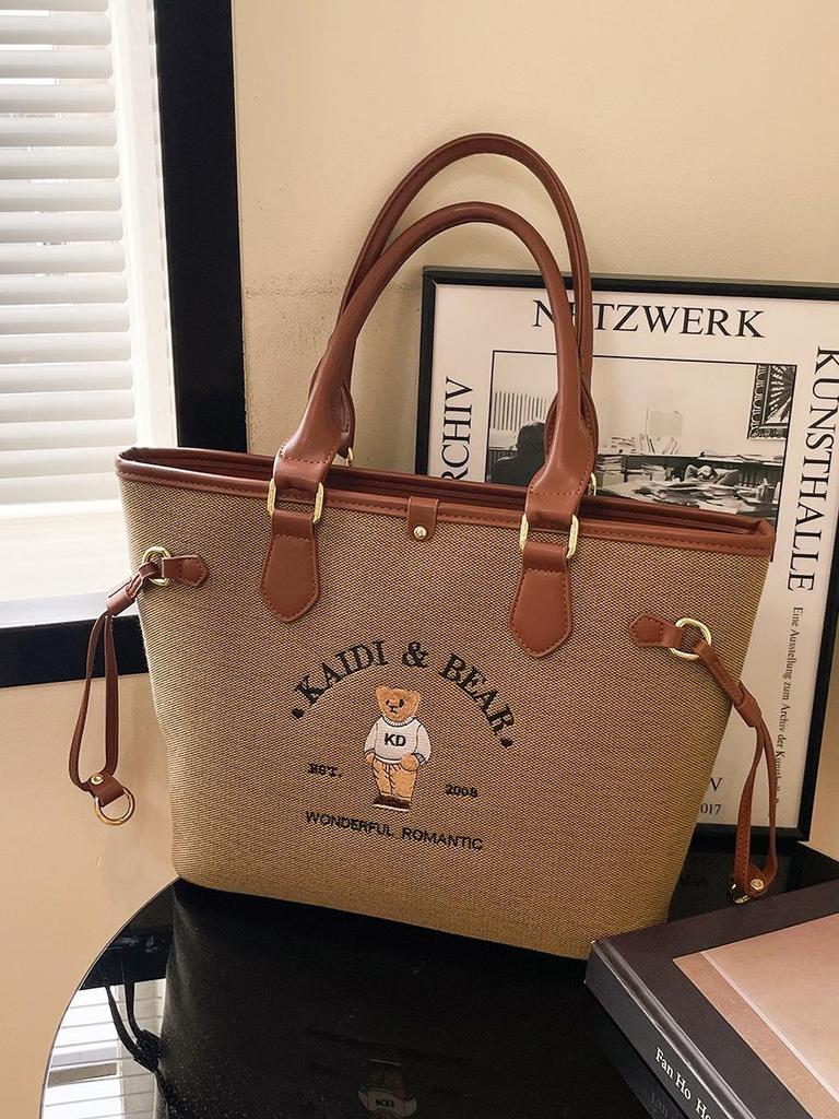 Katie Bear Retro Embroidery Color Block Large Capacity Shoulder Tote Bag 2025