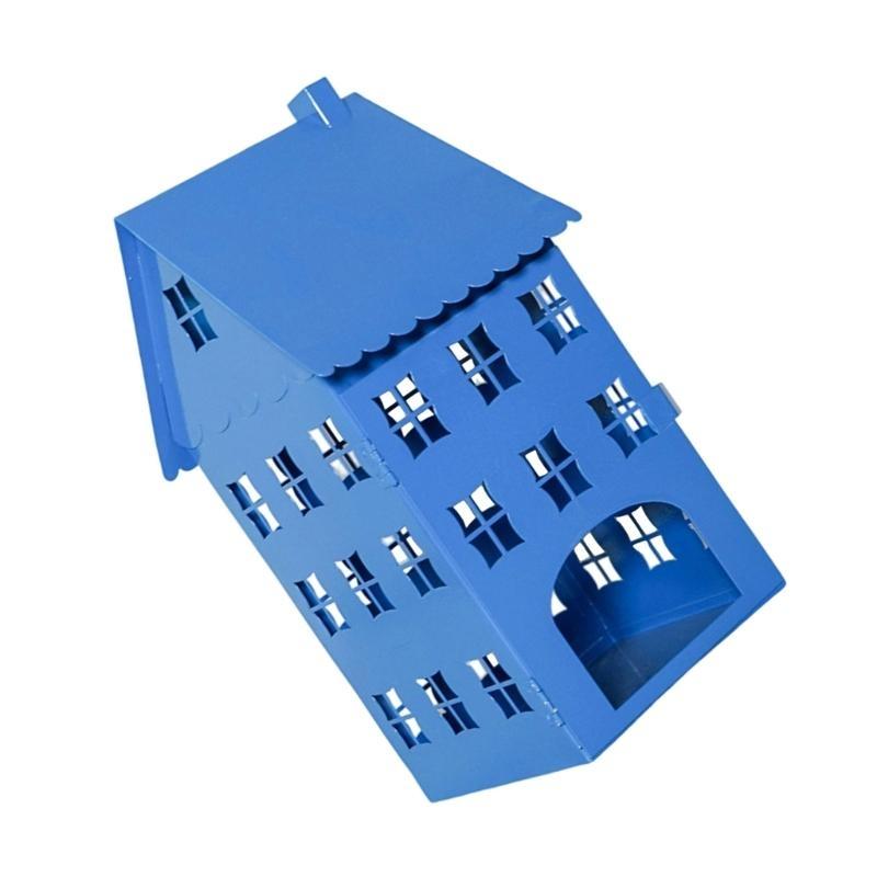 Hollowout Ice House Metal Blue Tealight Holder Hanging Lanterns for Indoor Table Centerpieces Decoration