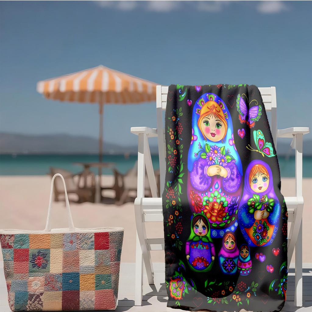 1pc Russian Matryoshka Dolls with Floral and Butterfly Design 2D Printed Microfiber Beach Towel, quick dry super absorbent