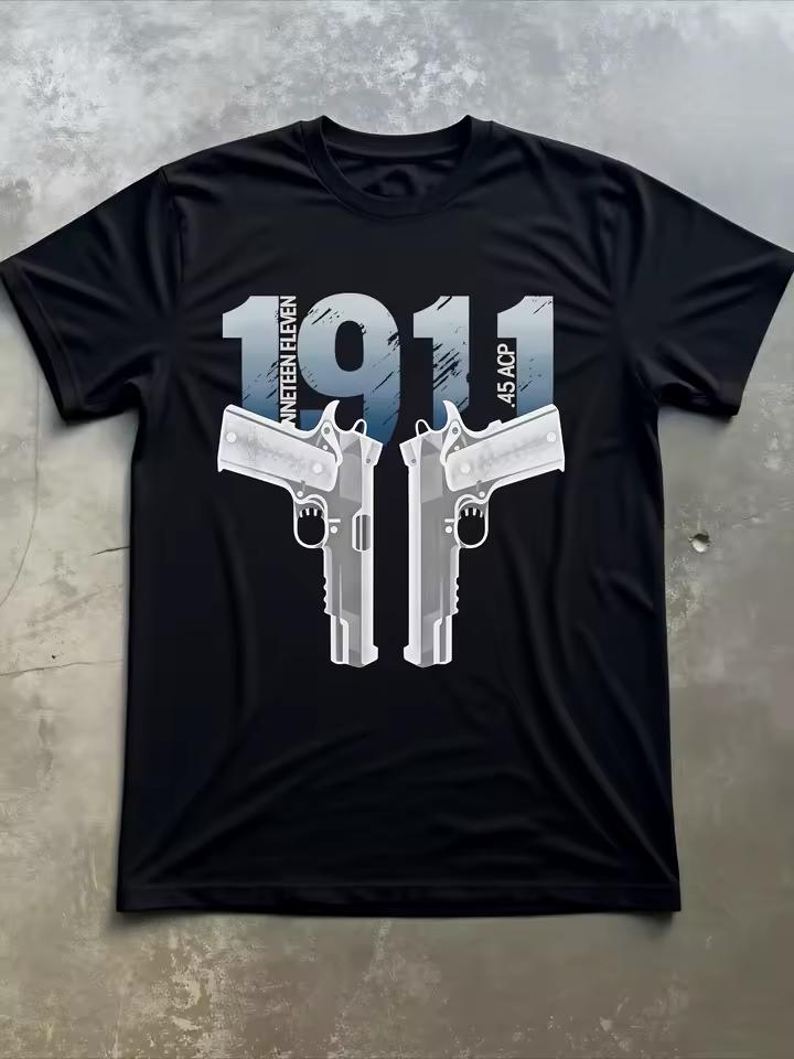Unisex Black T shirt with 1911 Pistol Design and Gun Print Street Style Casual Wear All Seasons Solid Color Short-Sleeve T shirt