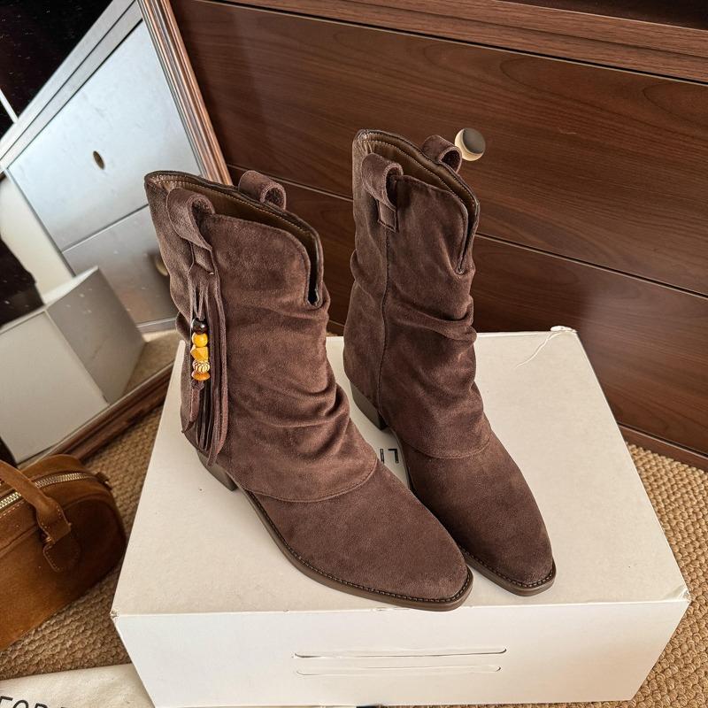 Fashion Pleated Stack Vintage Women's Booties 2025 Fall New Tassel Beaded Mid-Leg Boots