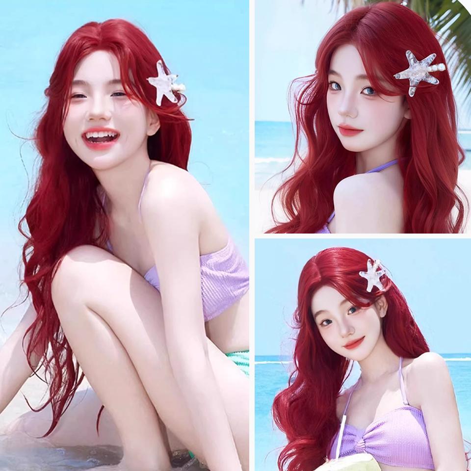 WTB Красный волнистый вьющийся длинный синтетический парик для женщин, элегантная таинственная челка с разделением, фестиваль, косплей, волна, длинные вьющиеся волосы