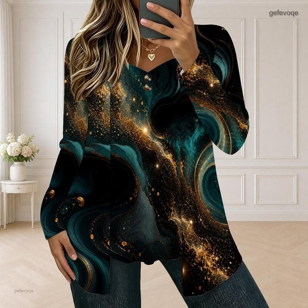 Women Plus Size Square Neck Long Sleeve Red Black Printed Button Detail Layered Front T Shirt