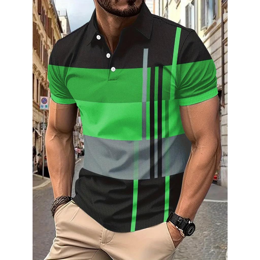 Летняя мужская повседневная футболка-поло с коротким рукавом и лацканом с принтом в полоску