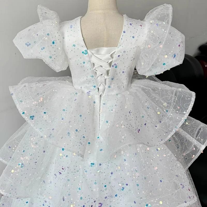 2025 Baby Girl Princess Dress Sequin Party Dresses for Children Puff Sleeves Clothing Classy Flower Girls Costume for Wedding