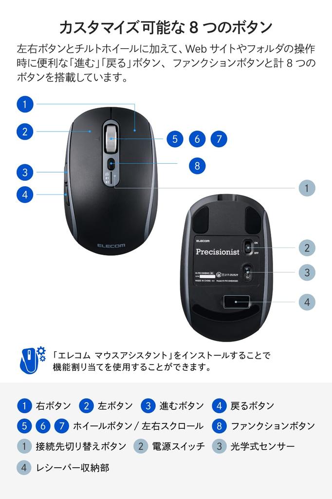 ELECOM Precisionist Wireless Bluetooth 8 Supports 3 Tilt IR LED Medium Mouse, Quiet, Rechargeable, 2.4GHz, Buttons, Multi-Pairing, Devices, Wheel,
