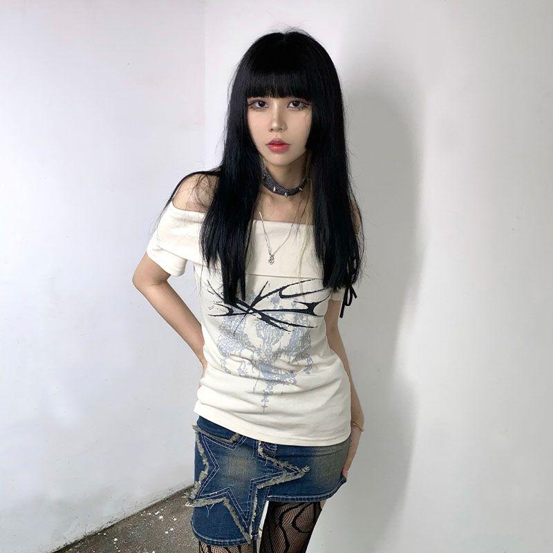 Slim Fit Print Short Sleeve Tees White Sexy Slash Neck Women's Summer Lace-up T-shirt Punk Y2k Fashion Subculture Top