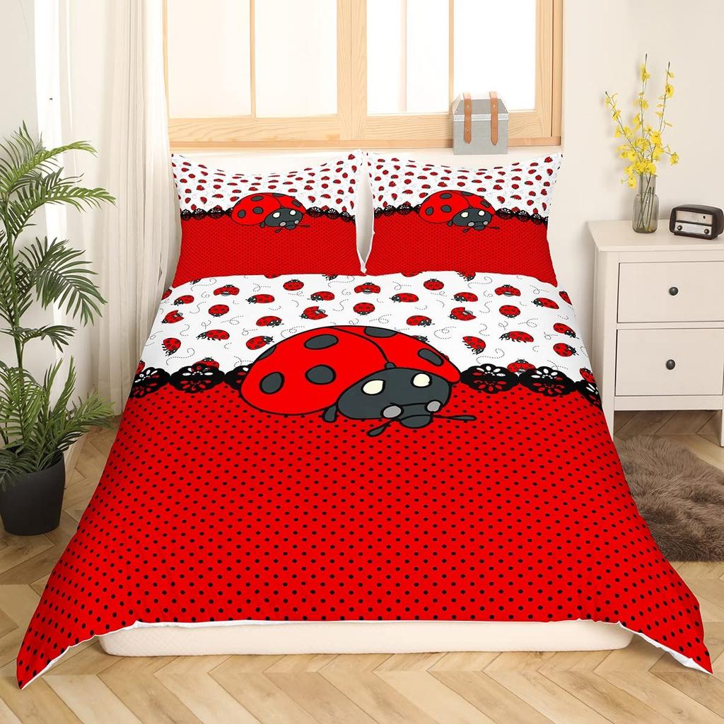 Ladybug Comforter Cover Set Ladybug On Green Leaf Duvet Cover Wild Wildlife Theme Microfiber Bedding Set 3pcs for Kids Teens
