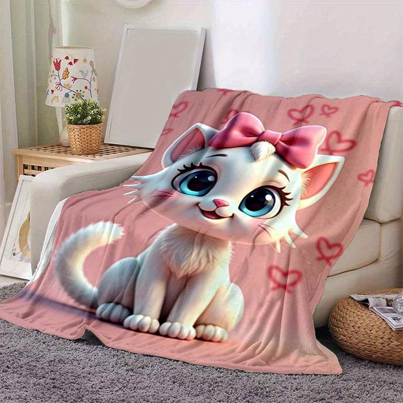 1pc Cute Cartoon Cat with Pink Bowknot Blankets, Cartoon Blanket, for Decorating Your Own Sofa and Living Room, Super Soft Flannel, for All