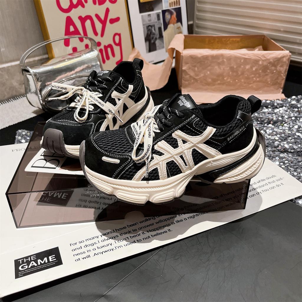 Женские кожаные кроссовки на толстой подошве, новинка 2025 года, сетчатые дышащие и легкие, спортивные и повседневные, универсальные, увеличивающие рост, повседневные туфли для женщин