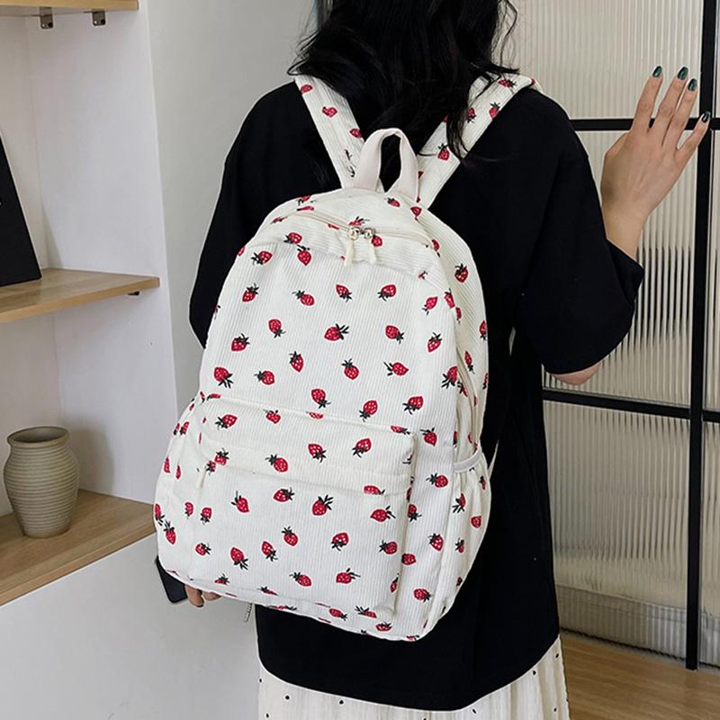 Вельветовый рюкзак с клубникой, повседневный дорожный рюкзак, большая вместимость, модный подростковый рюкзак, регулируемый ремешок для путешествий на открытом воздухе AVE