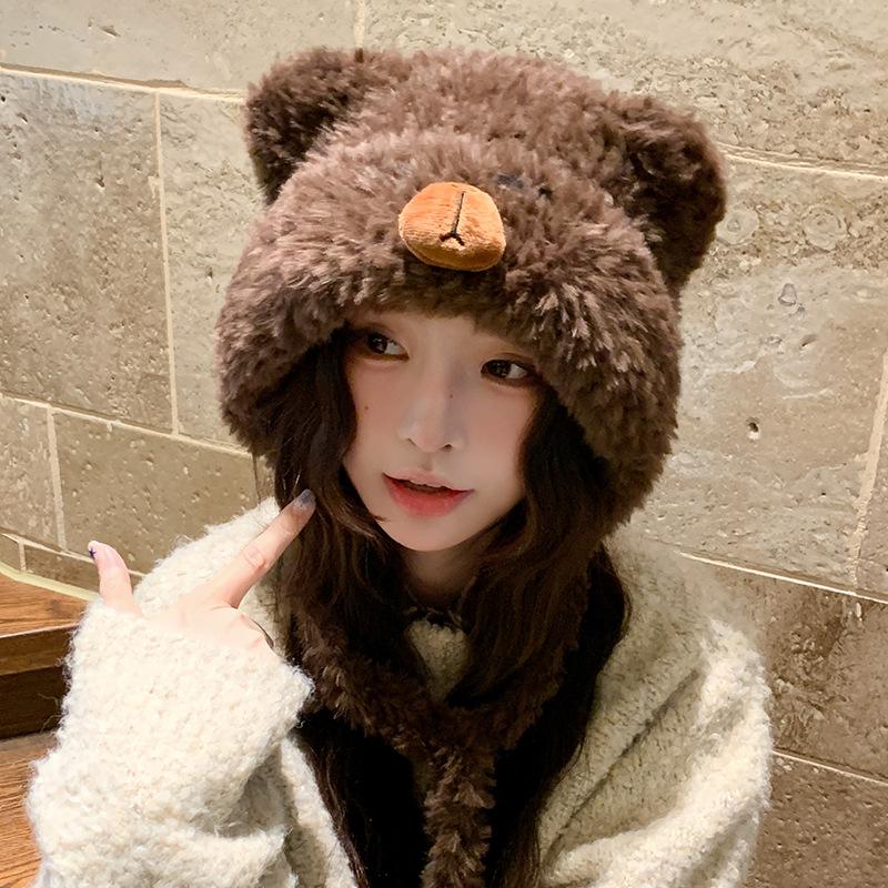 Capybara plush hat for women, autumn and winter, Japanese style, large head circumference, ear protection, knitted Lei Feng hat, cycling cold-proof