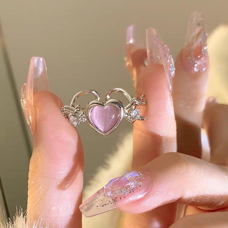 iF ME Zircon Silver Ring for Women Opening Sweet Pink Crystal Bow Heart Rings Accessories Jewelry