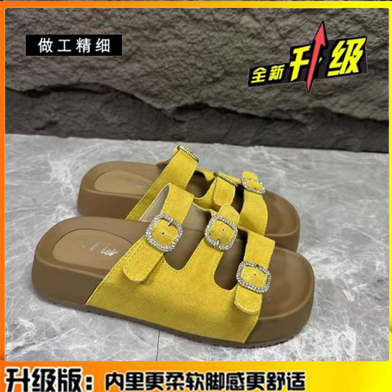 Leather stepping on shit feeling rhinestone belt buckle thick-bottomed beach one-word slippers women's 2025 summer wear one-foot cool slippers