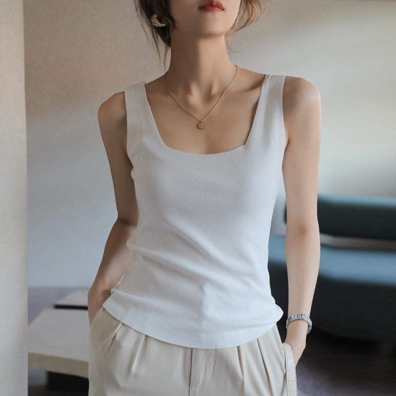 Летний тонкий трикотажный жилет с квадратным воротником, небольшой халтер, женщины могут носить свободный топ без рукавов, белый, модный тренд