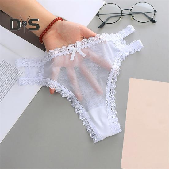 Sexy Embroidery Lace Stitching Briefs Solid Color Bowknot Decor See Through Mesh Thong Low Rise Ultra Thin Hollow Out Panties