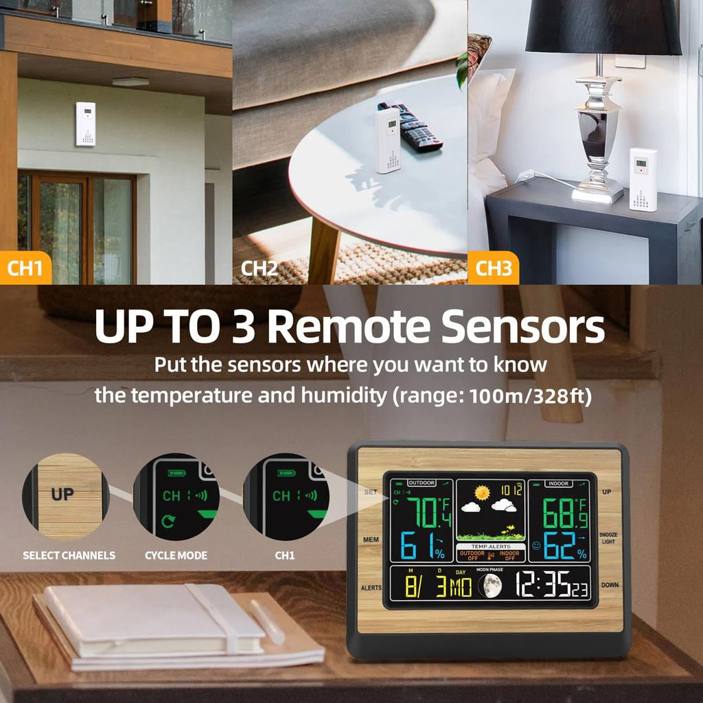 Беспроводная метеостанция Комнатный уличный термометр 6-дюймовый цветной экран Цифровой метеотермометр Прогноз погоды Температура