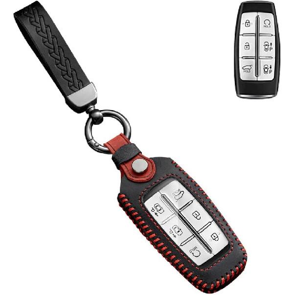 SANRILY FLL Production Leather Key Fob Cover for Genesis GV80 2021 2022 G80 GV70 G90 G70 Keyless 4/6/8 Button Key Case Shell with Keychain Brown