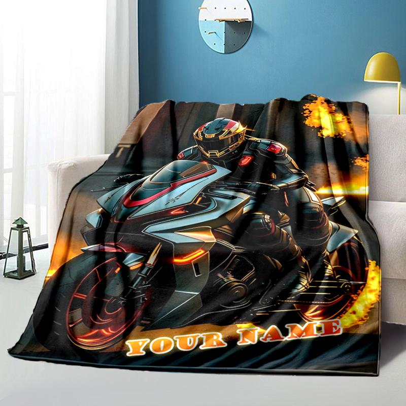 1PC Custom Name "Rider Flames Motorcycle Speed" flannel blanket versatile,all-season throw suitable for the living room,bedroom,camping,travel,and gif