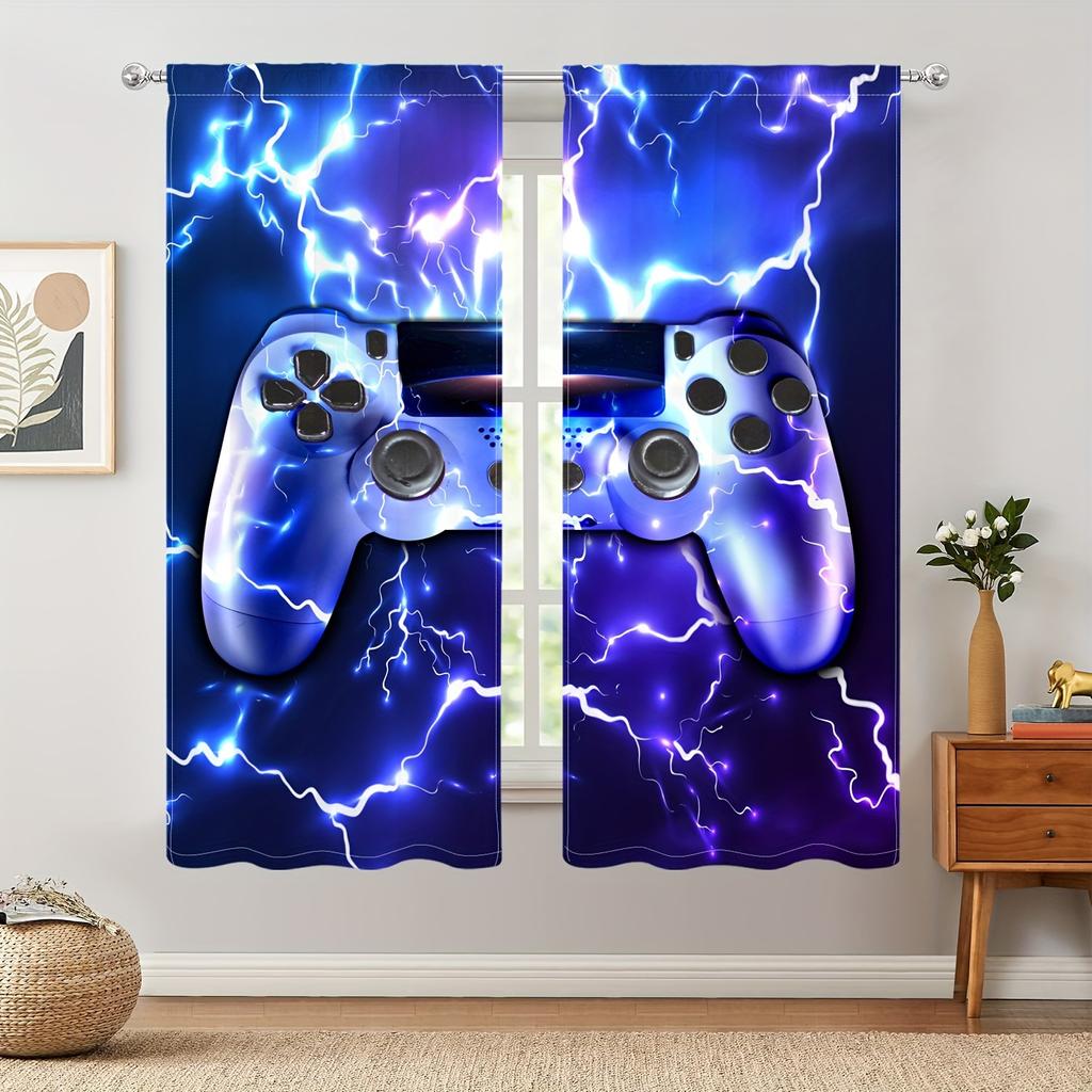 2pcs Cool Lightning Gamepad 3D Printed Thin Curtains for Boys Bedroom Living Room Curtains Perfect For Gaming And Home Decor