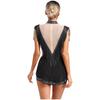 Womens Sparkly Rhinestones Dance Leotard Mock Neck Sleeveless Sheer Mesh Patchwork Tassel Skirted Bodysuit
