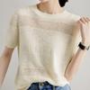 Хлопковая блузка Полый пуловер Трикотажная блузка Летняя однотонная рубашка Повседневные вязаные топы Модная женская нижняя рубашка Футболки с коротким рукавом и круглым вырезом 27585