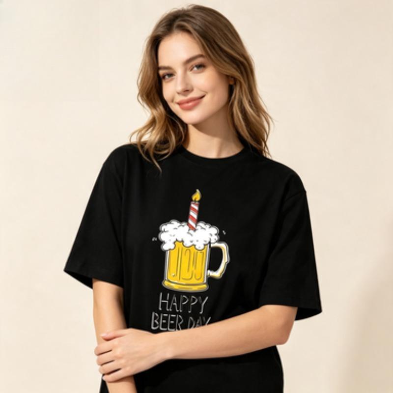 Funny Beer Lover Unisex Cotton Tshirt Happy Beer Day Beer Mug Candle Graphic Casual Birthday Gift Crew Neck Short Sleeve Tees