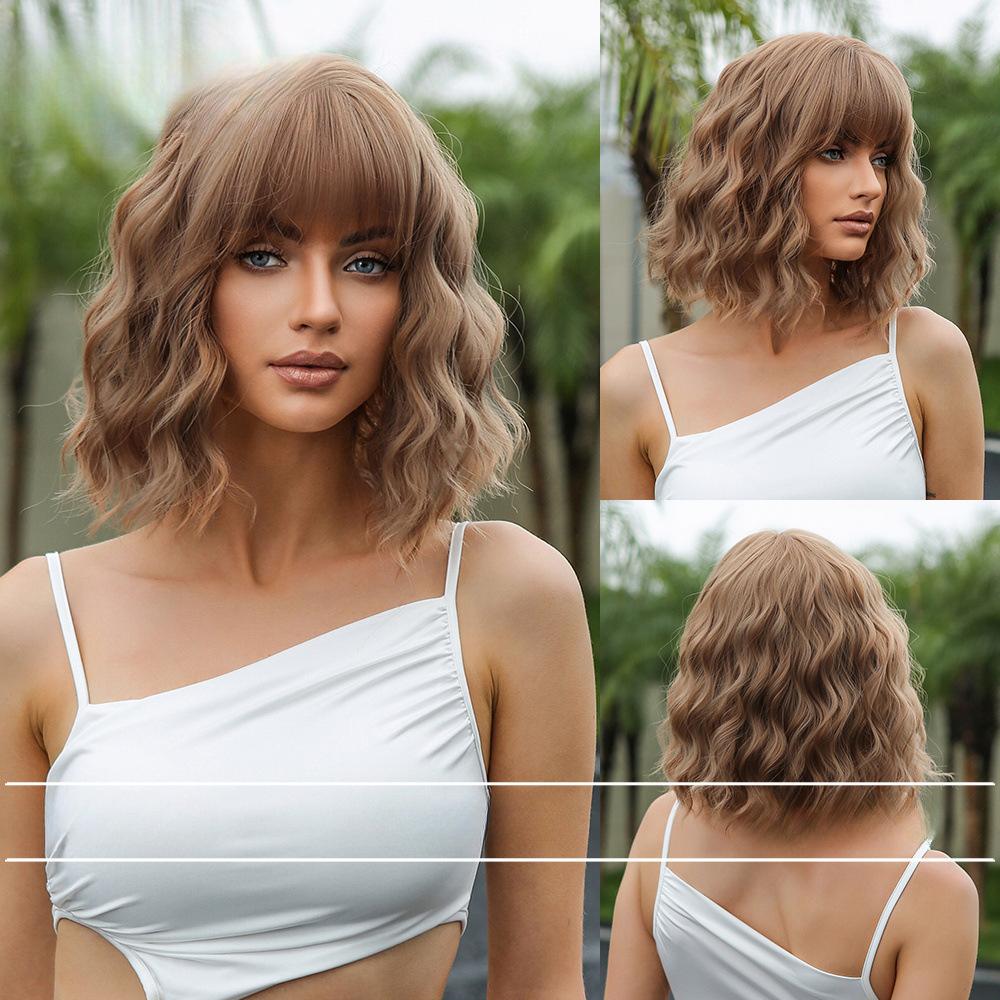 European and American Style Women's Short Curly Bobo Wig with Blunt Bangs Lades Summer Fashion Front Lace Heat Resistant Synthetic Fiber Wigs