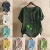 Women's Fashion Round Neck Short Sleeve T-shirt Casual Cotton Linen Graphic Shirt Leisure Flowers Prined Summer Blouse Tops