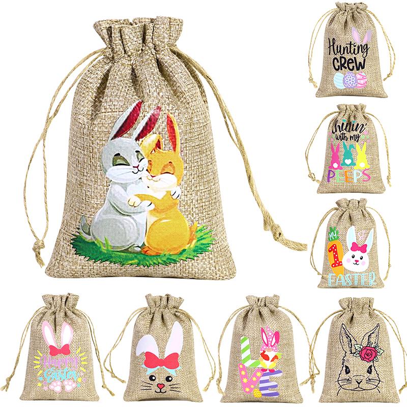 10Pcs Drawstring Pouches Cute Easter Thickened Rabbit Candy Bag Reusable Bunny Gift Bags Burlap Party Favor Supplies
