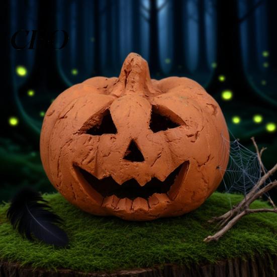Cool Effect Pumpkin Statue Handcrafted Hand-Carved Resin Figurine Halloween Decor Tabletop Ornament for Home Party Terracotta