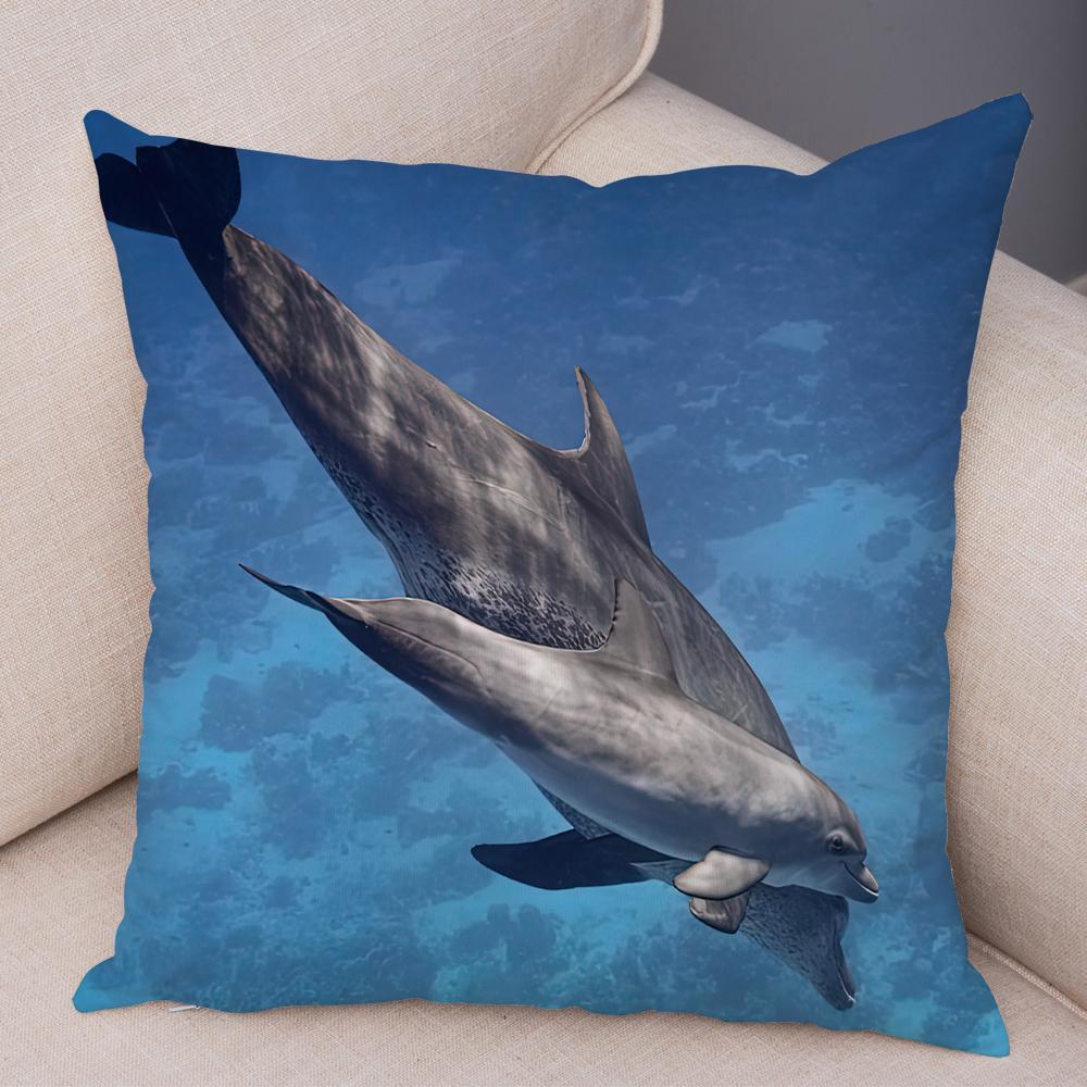 Marine Life Dolphin Cushion Cover Coral Reef Fish Pattern Soft Fabric Study Room Office Home Decor Pillow Case
