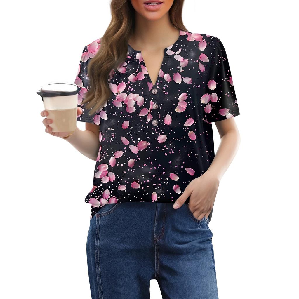 Women's Fashionable Casual Short Sleeve Button Print V-Neck Pullover Top