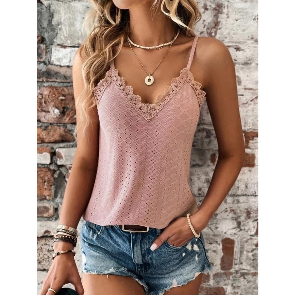 Летняя новая женская майка-топ на бретелях с V-образным вырезом и кружевом