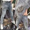 Весенне-летние эластичные джинсы мужские с тяжелой вышивкой и принтом модного бренда, красивые повседневные облегающие облегающие щиколотки