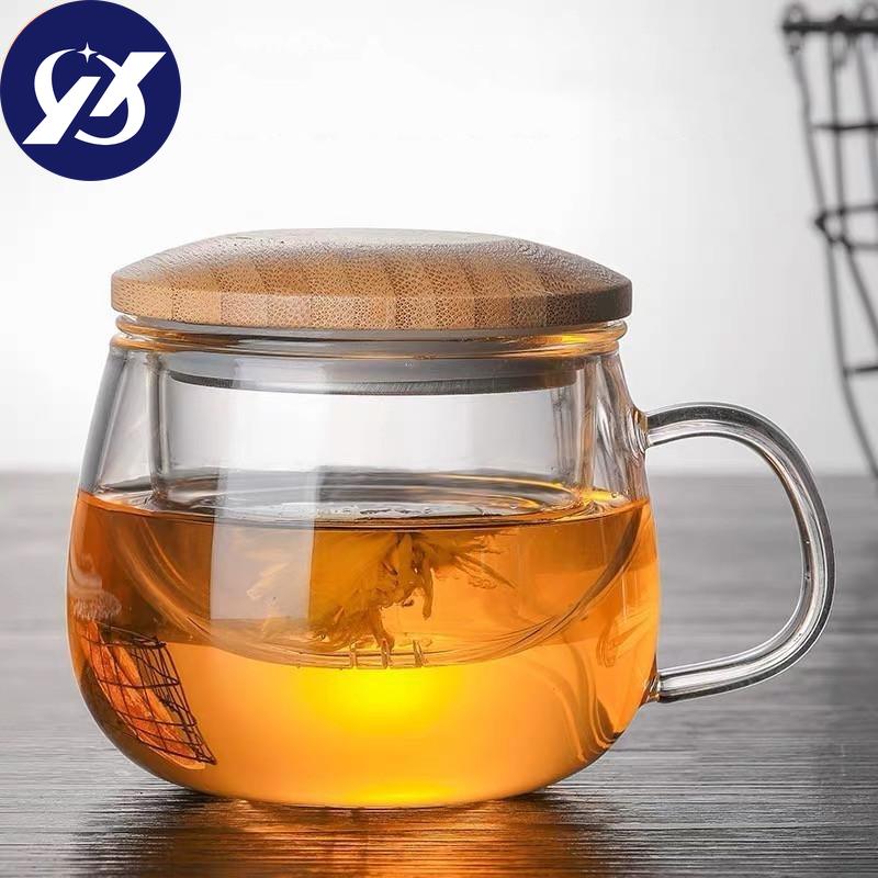 Креативная стеклянная чашка для заварки чая с прозрачной ручкой-фильтром, бамбуковая крышка, термостойкая цветочная чайная чашка, офисная чайная кружка, посуда для напитков
