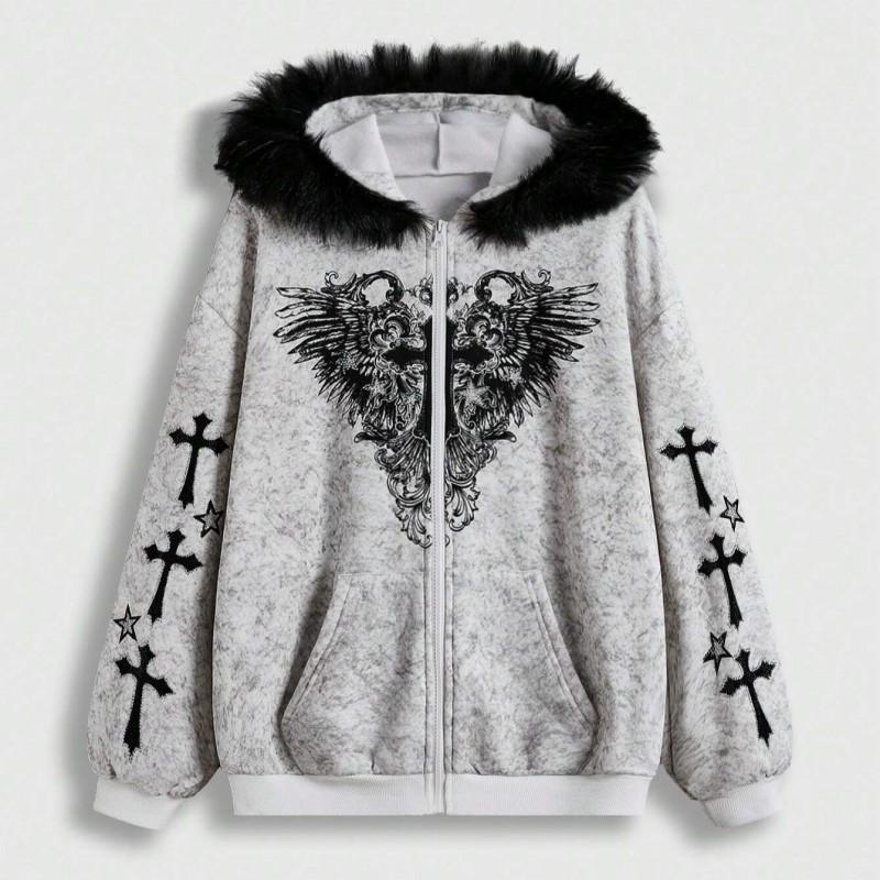 Gothic Streetwear Cropped Hoodie With Cross Print Faux Fur Collar Zipper Front Hip Hop Rock Style Women