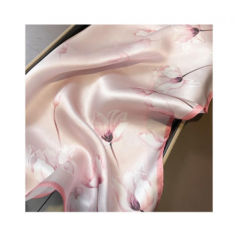 Korean Style Pink Temperament Fairy Flower Mulberry Silk 53 Scarf Women Small Square Towel Neck Protection Tie Bag