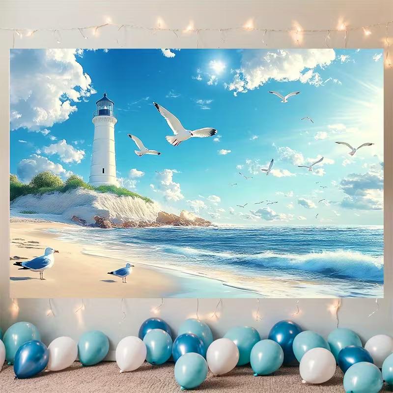 2D Flat Print Seaside Lighthouse Backdrop Beach Party Background Cloth
