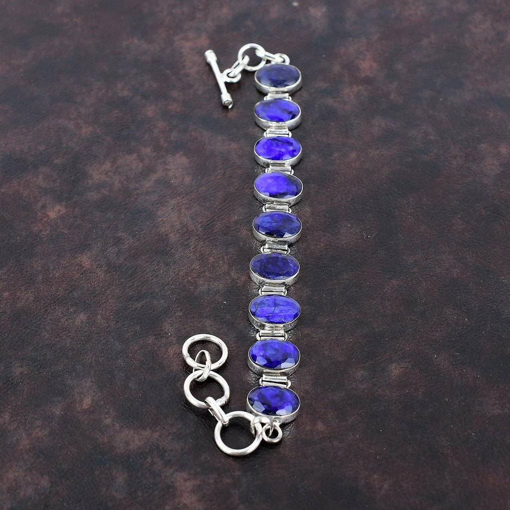 Браслет с граненым синим сапфиром. Изысканные ювелирные изделия. Браслет из стерлингового серебра 925 пробы. Драгоценный камень. Ювелирные изделия ручной работы. Регулируемый браслет-цепочка. Подарок для жены.