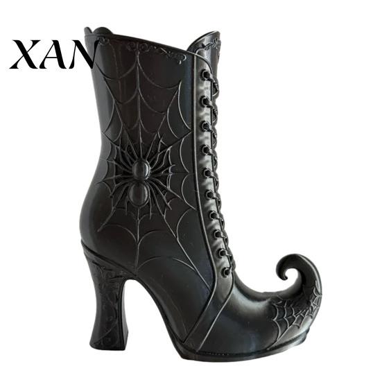 Witch Boot Flower Holder Gothic Vase, Halloween Table Centerpiece Black Spider Web Decorative Mantel Ornament High Heel, for Shelf Coffee Decoration