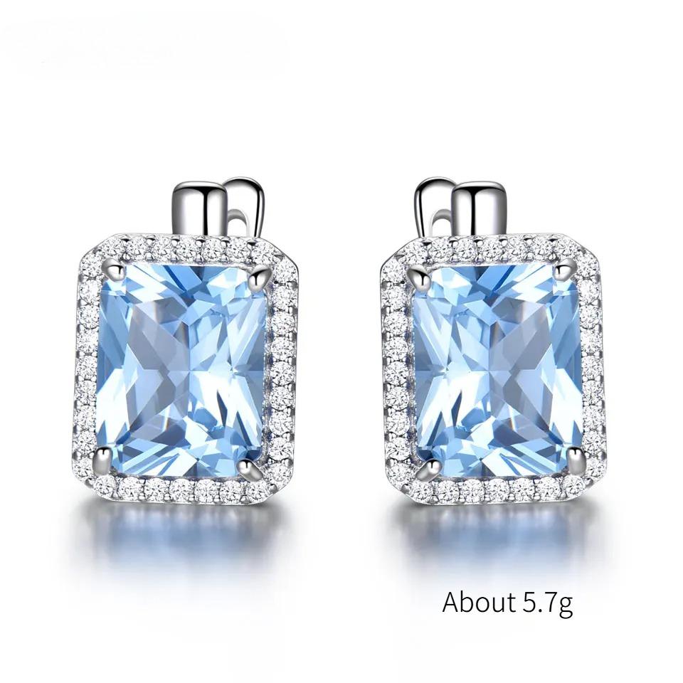 925 Sterling Silver Luxury Nano Sky Blue Topaz  Emerald Gemstone Clip On Earrings Earrings For Women Birthday Fine Jewelry Gift