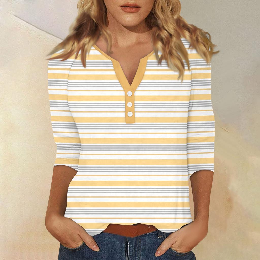 Жен. Футболка Футболка С принтом Пуговицы Рукав 3/4 Повседневные Выходные Мода Классический Классический V-образный вырез Обычный Верх
