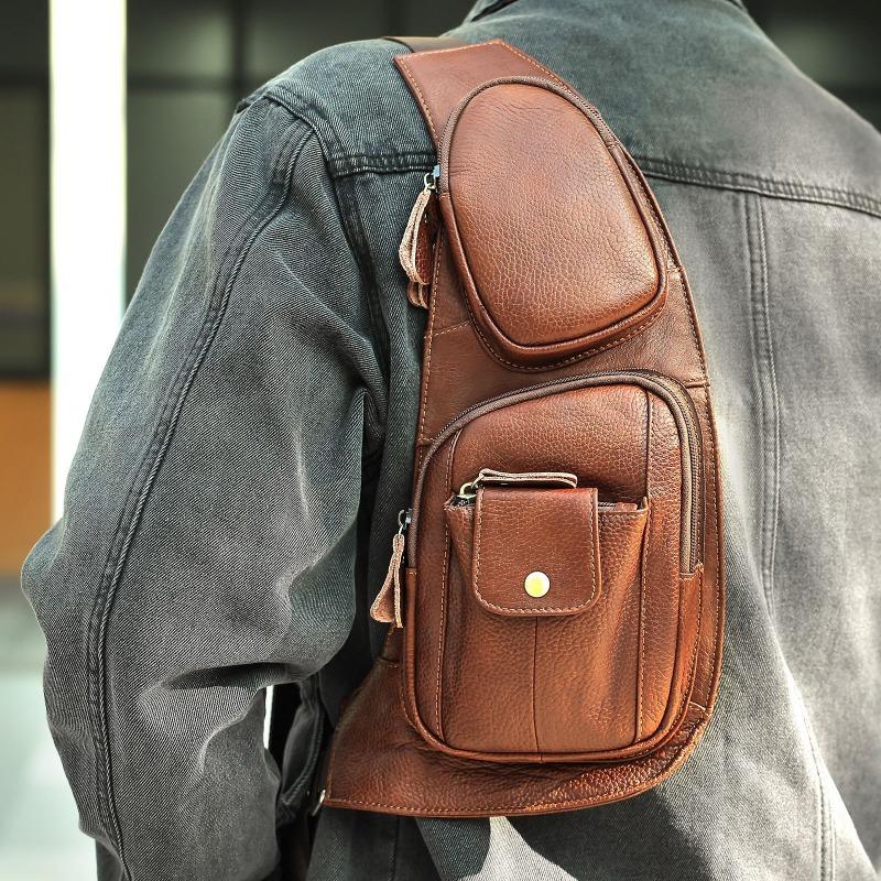 Genuine Leather Men's Chest Bag Premium Sense Cowhide Casual Chest Bag Men's Shoulder Crossbody Bag